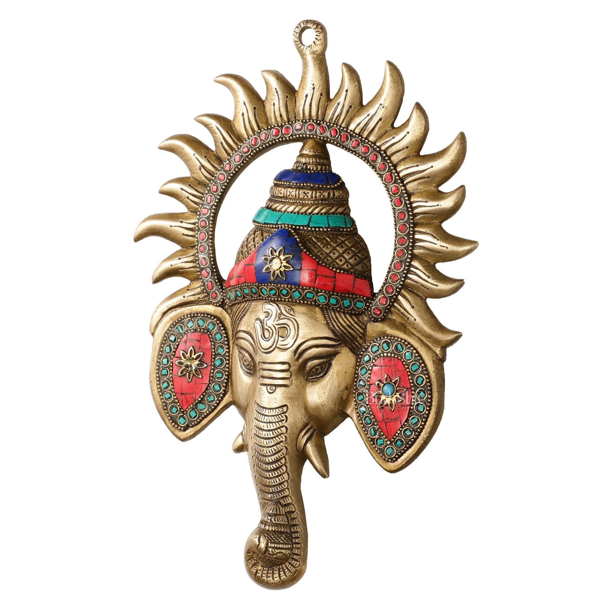 Brass Lord Ganesha Face Wall Hanging with Stonework - 11x7.5 inch