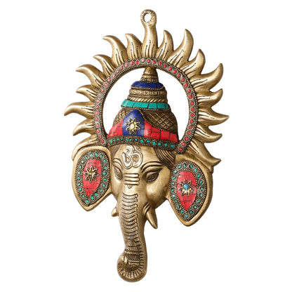 Brass Lord Ganesha Face Wall Hanging with Stonework - 11x7.5 inch
