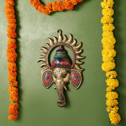 Brass Lord Ganesha Face Wall Hanging with Stonework - 11x7.5 inch