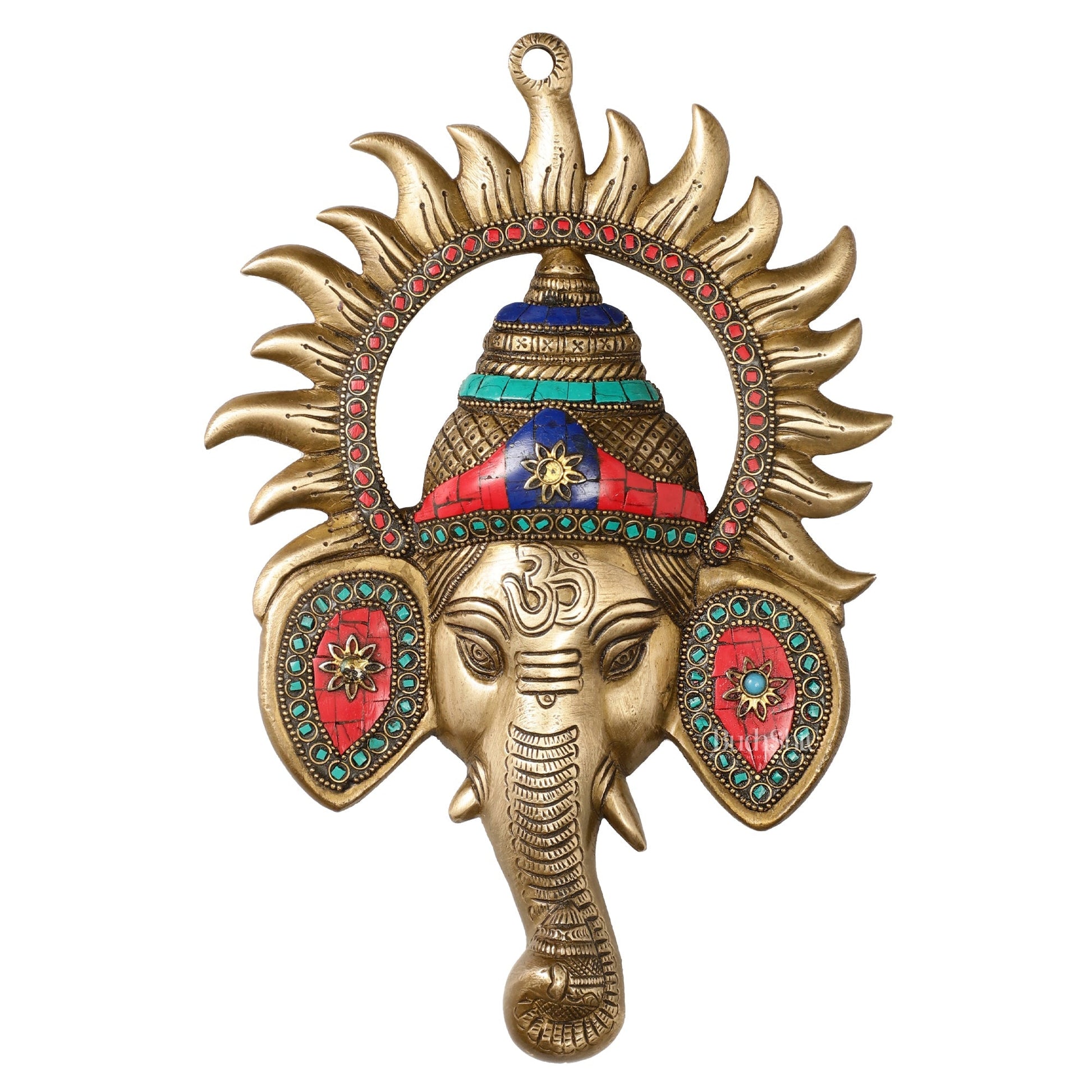 Brass Lord Ganesha Face Wall Hanging with Stonework - 11x7.5 inch