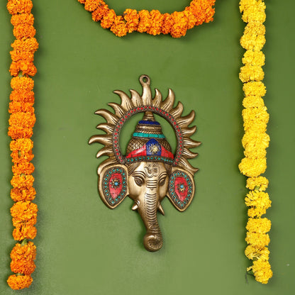 Brass Lord Ganesha Face Wall Hanging with Stonework - 11x7.5 inch
