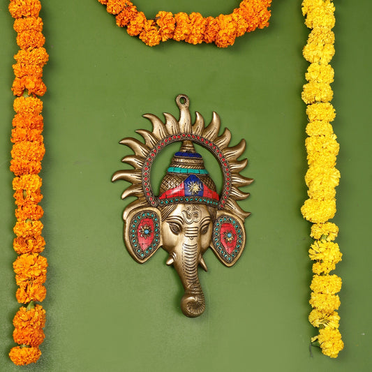 Brass Lord Ganesha Face Wall Hanging with Stonework - 11x7.5 inch