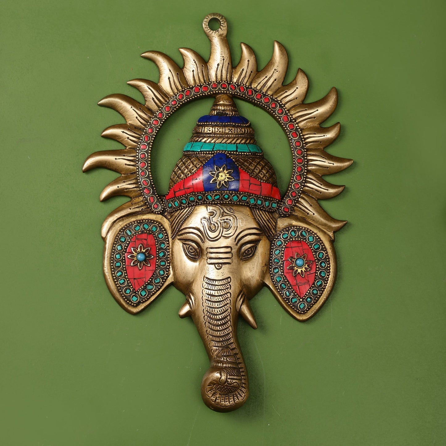Brass Lord Ganesha Face Wall Hanging with Stonework - 11x7.5 inch