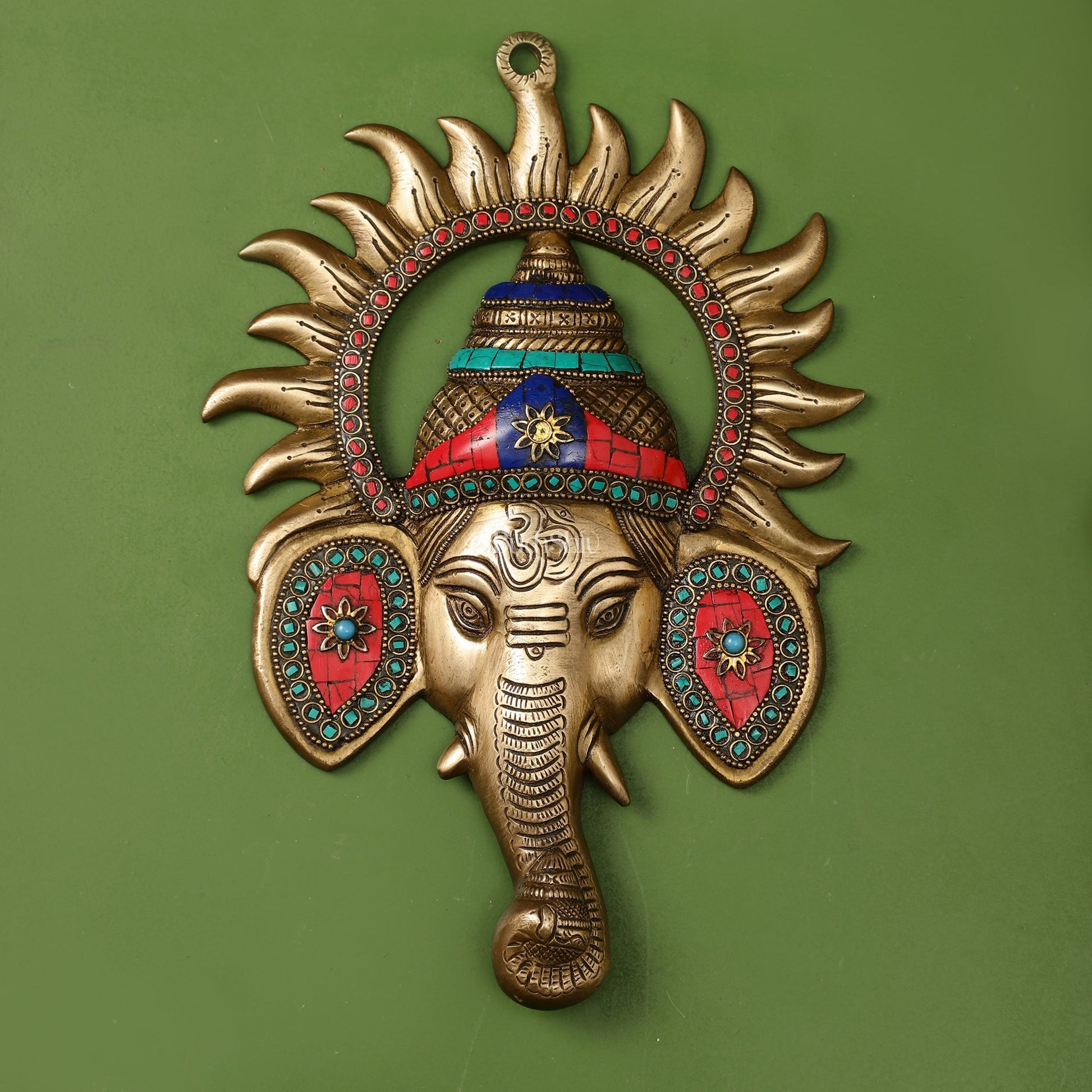 Brass Lord Ganesha Face Wall Hanging with Stonework - 11x7.5 inch