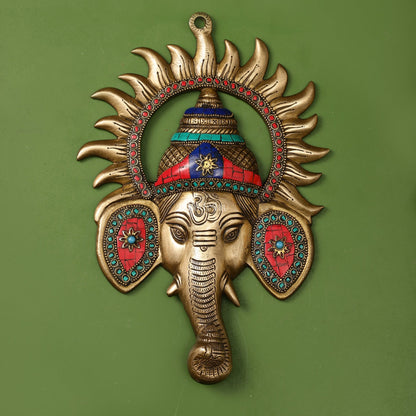 Brass Lord Ganesha Face Wall Hanging with Stonework - 11x7.5 inch