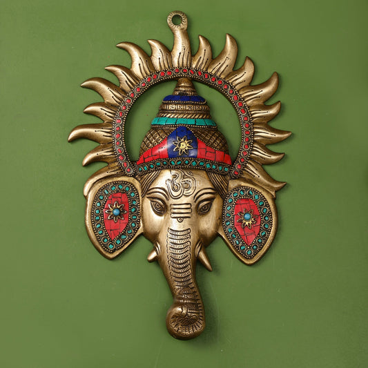 Brass Lord Ganesha Face Wall Hanging with Stonework - 11x7.5 inch