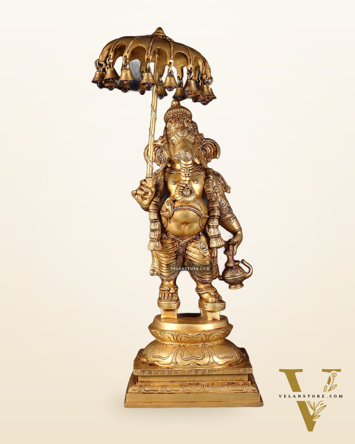 Brass Lord Ganesha Holding an Umbrella and Kamandalu Sculpture 25.5"