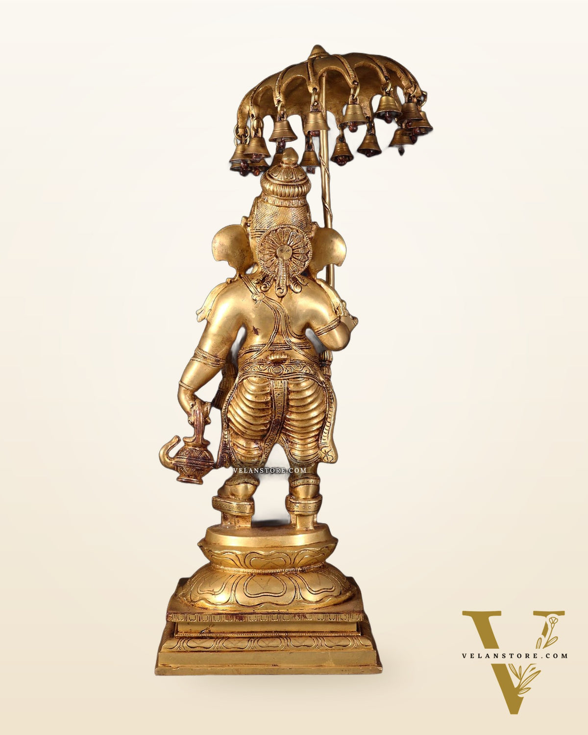 Brass Lord Ganesha Holding an Umbrella and Kamandalu Sculpture 25.5"