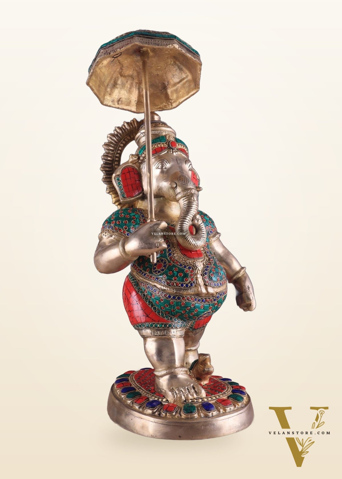 Brass Lord Ganesha Holding Umbrella Statue with Meenakari Stonework – 24 Inch