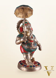Brass Lord Ganesha Holding Umbrella Statue with Meenakari Stonework – 24 Inch