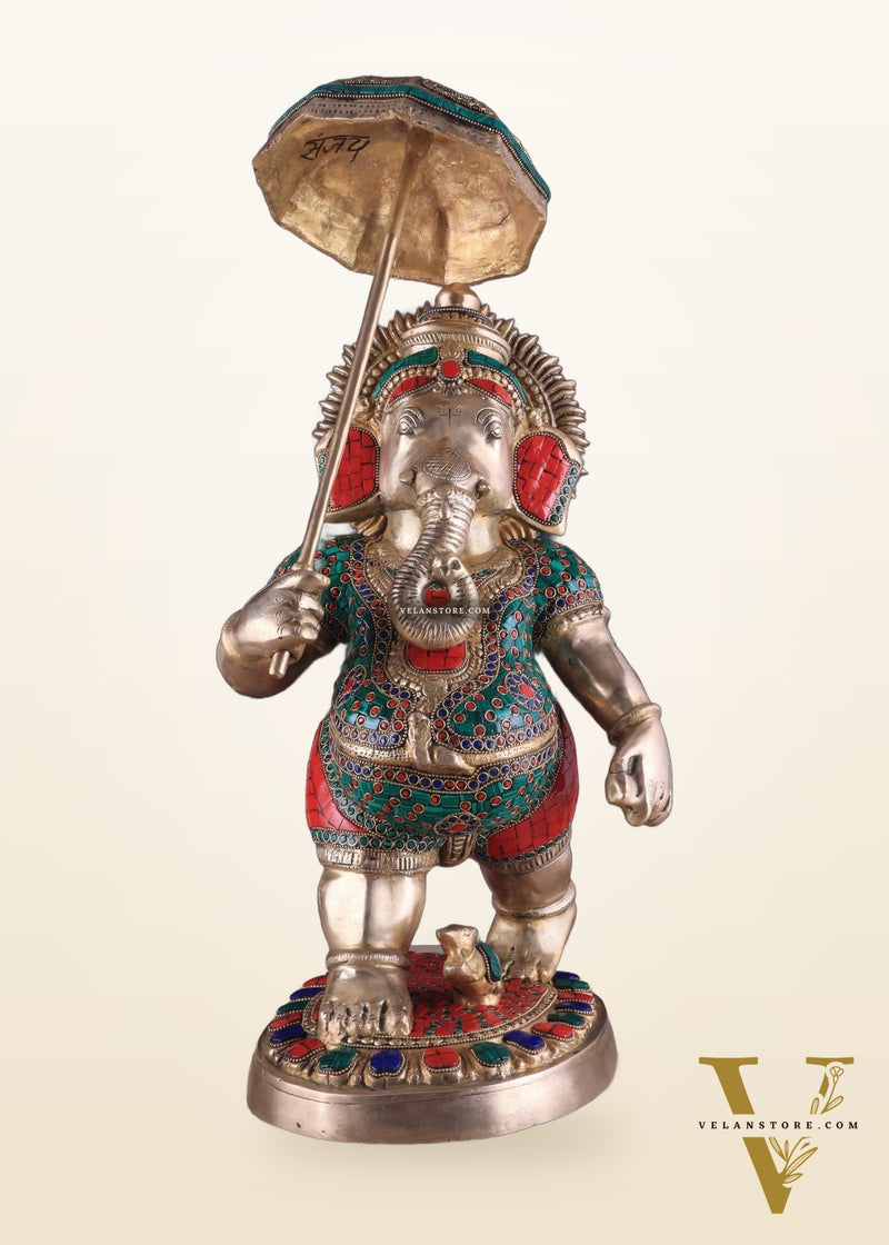 Brass Lord Ganesha Holding Umbrella Statue with Meenakari Stonework – 24 Inch