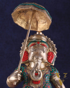 Brass Lord Ganesha Holding Umbrella Statue with Meenakari Stonework – 24 Inch