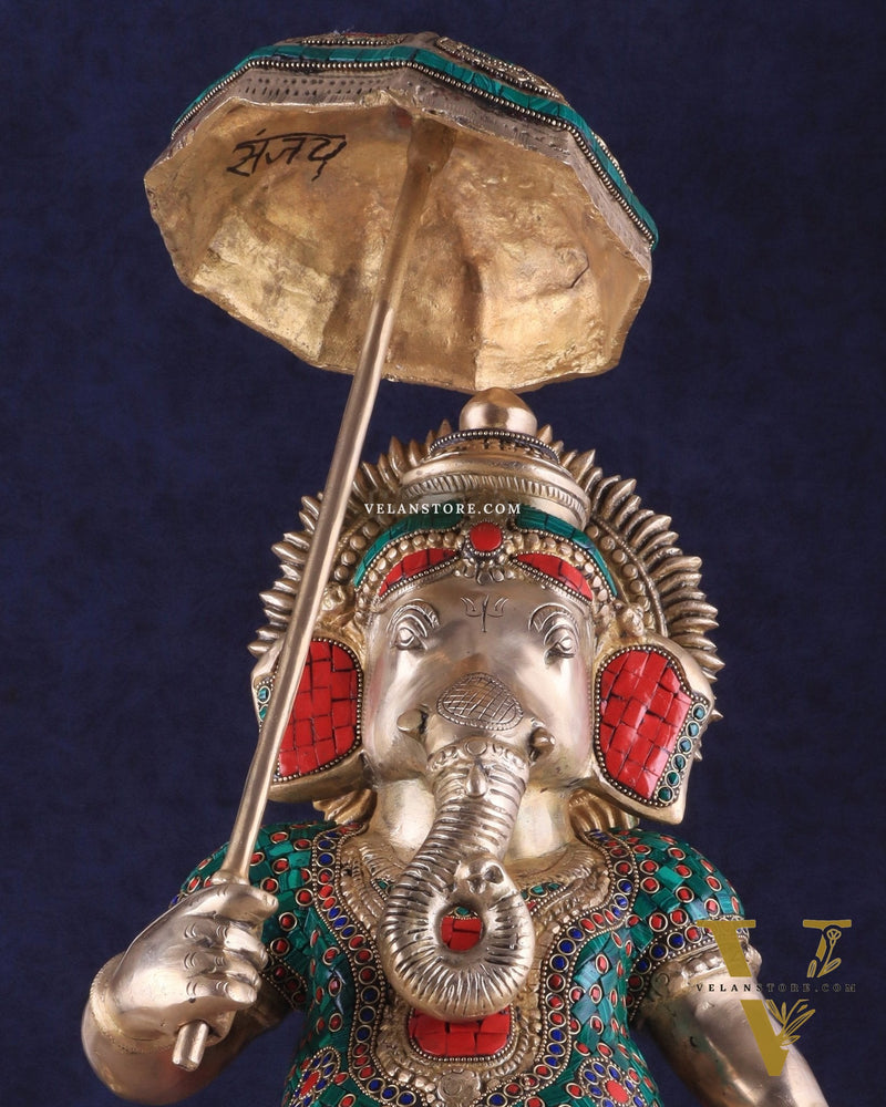 Brass Lord Ganesha Holding Umbrella Statue with Meenakari Stonework – 24 Inch