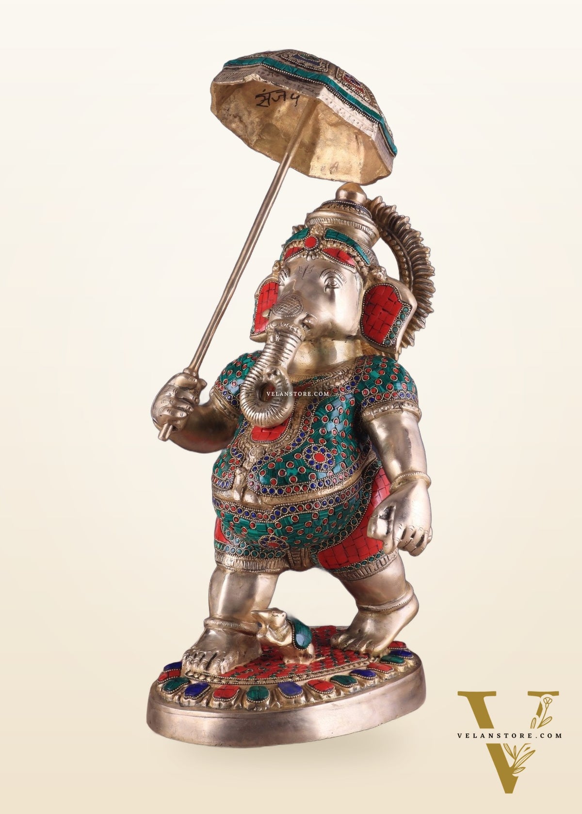 Brass Lord Ganesha Holding Umbrella Statue with Meenakari Stonework – 24 Inch