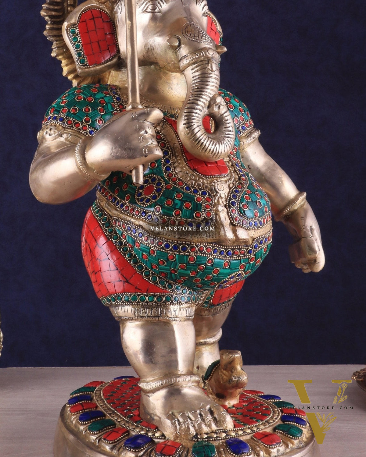 Brass Lord Ganesha Holding Umbrella Statue with Meenakari Stonework – 24 Inch