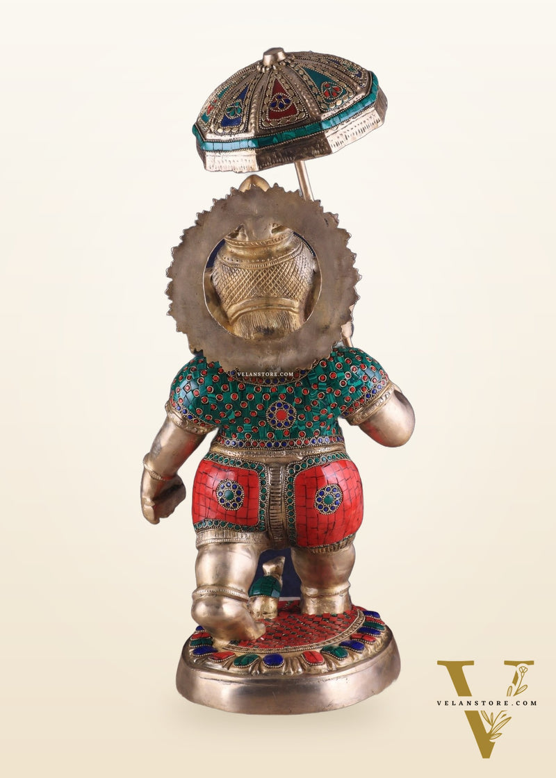 Brass Lord Ganesha Holding Umbrella Statue with Meenakari Stonework – 24 Inch