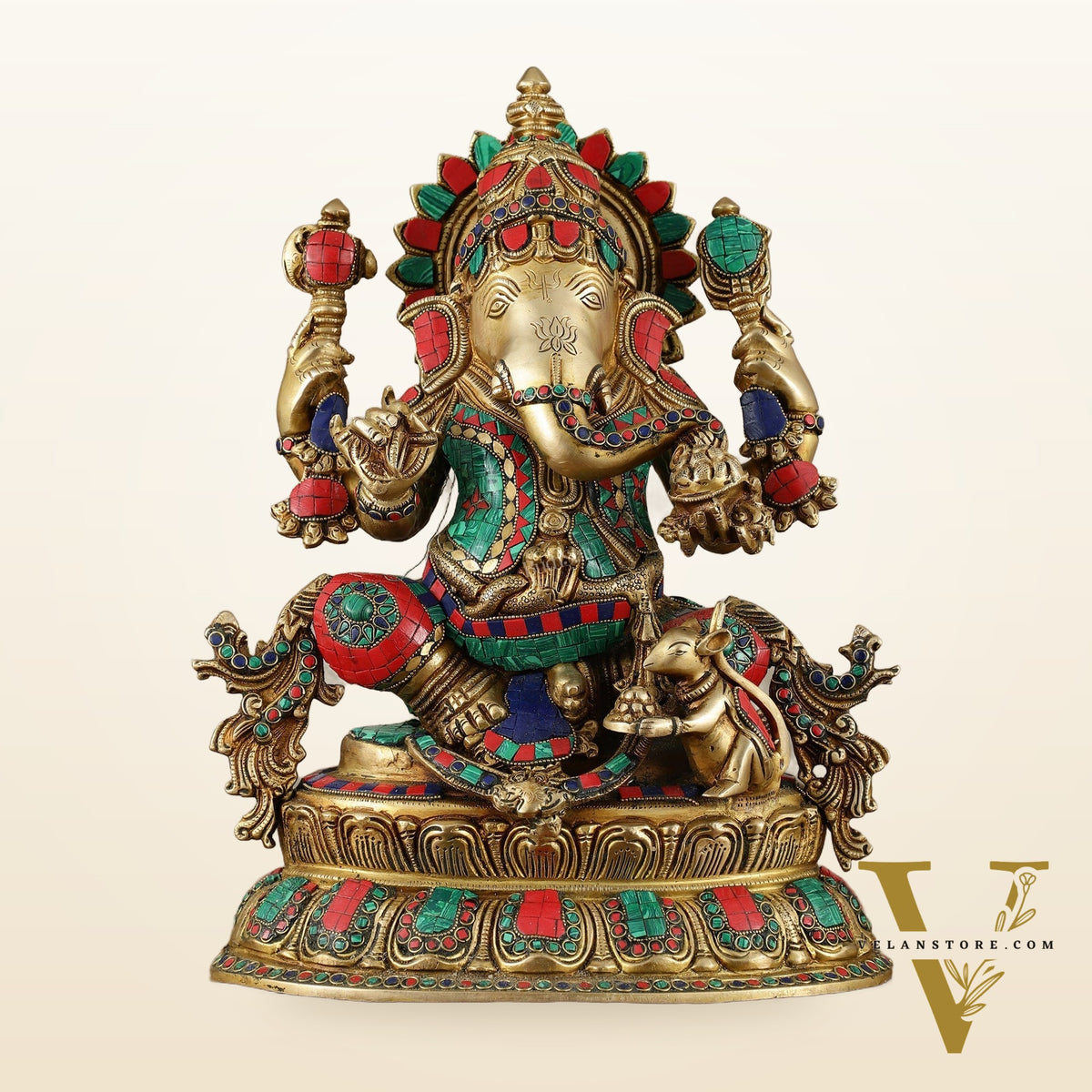Brass Lord Ganesha Idol - 16 Inch unique stonework