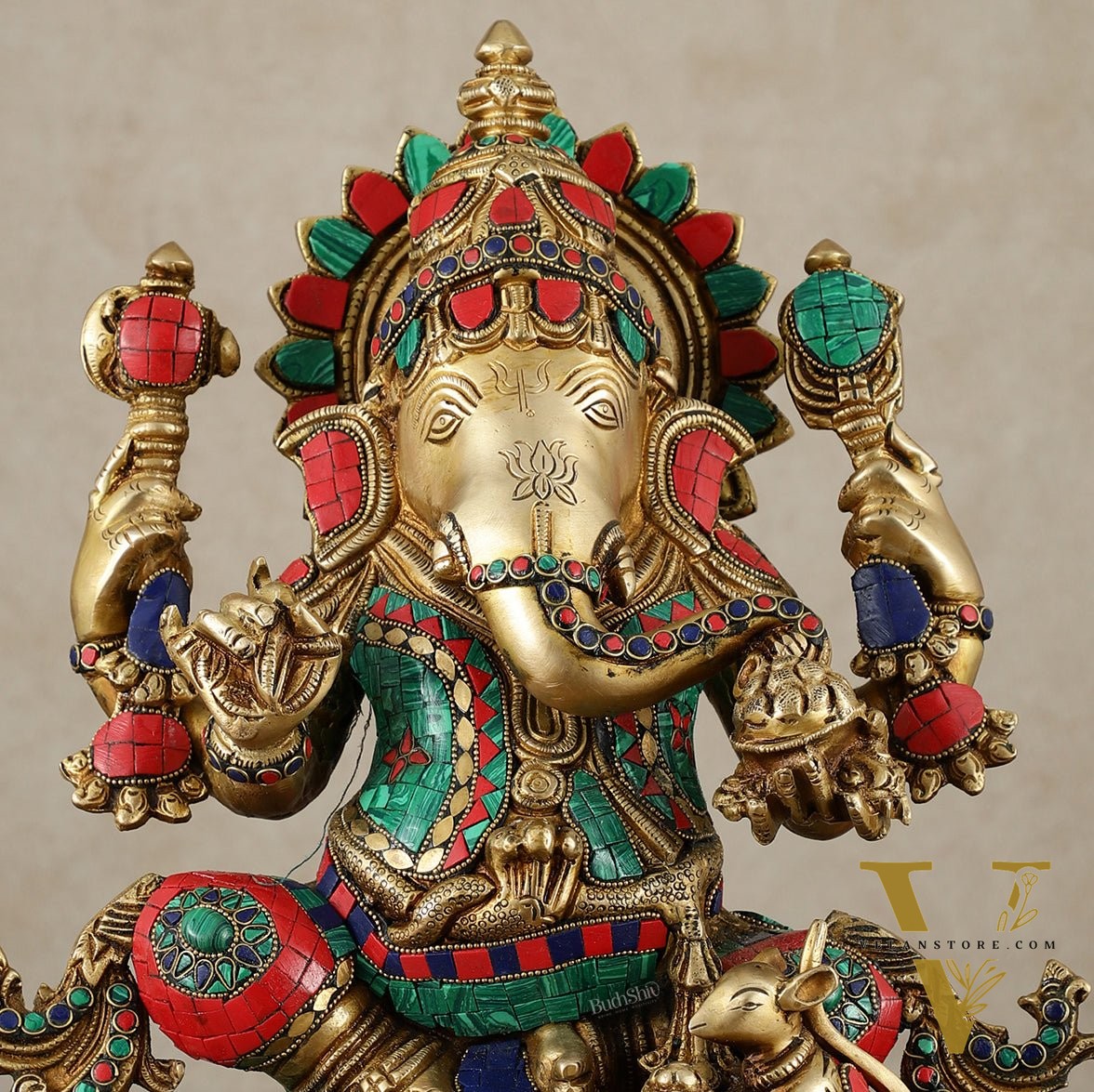 Brass Lord Ganesha Idol - 16 Inch unique stonework