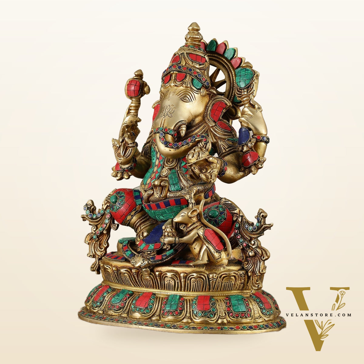 Brass Lord Ganesha Idol - 16 Inch unique stonework