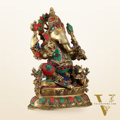 Brass Lord Ganesha Idol - 16 Inch unique stonework