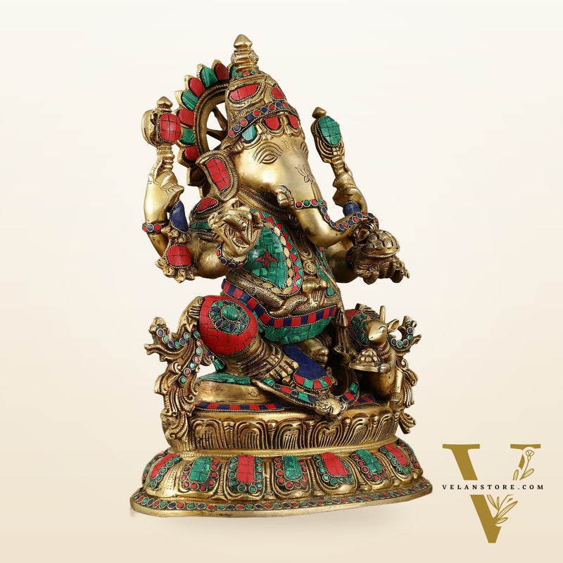 Brass Lord Ganesha Idol - 16 Inch unique stonework