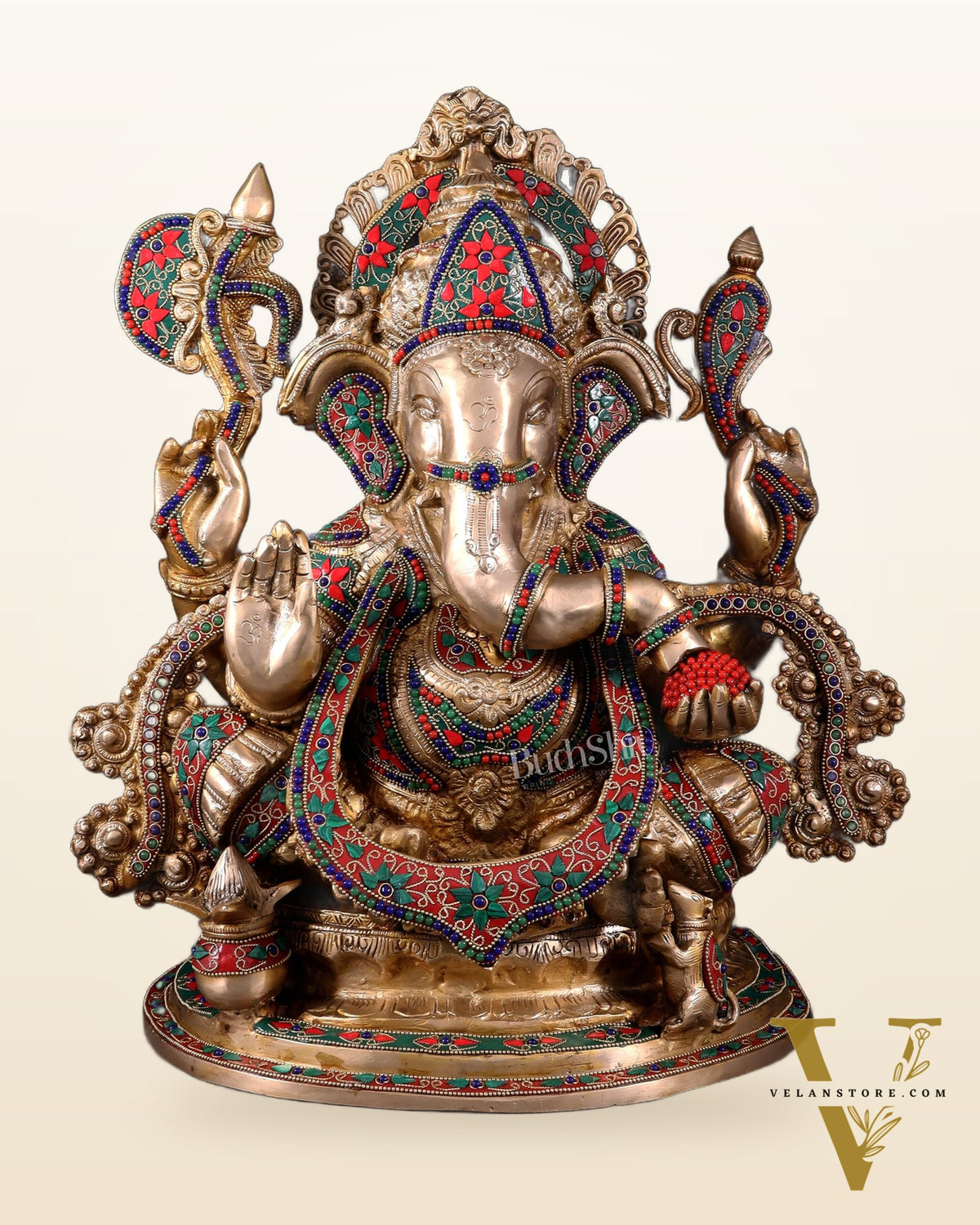 Brass Lord Ganesha Idol with Floral Stonework 19.5"