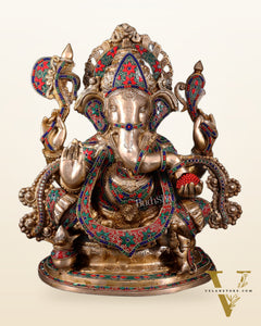 Brass Lord Ganesha Idol with Floral Stonework 19.5"