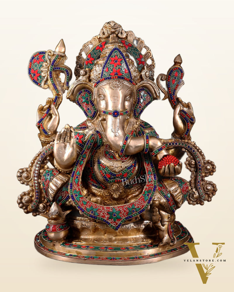 Brass Lord Ganesha Idol with Floral Stonework 19.5"
