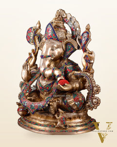 Brass Lord Ganesha Idol with Floral Stonework 19.5"