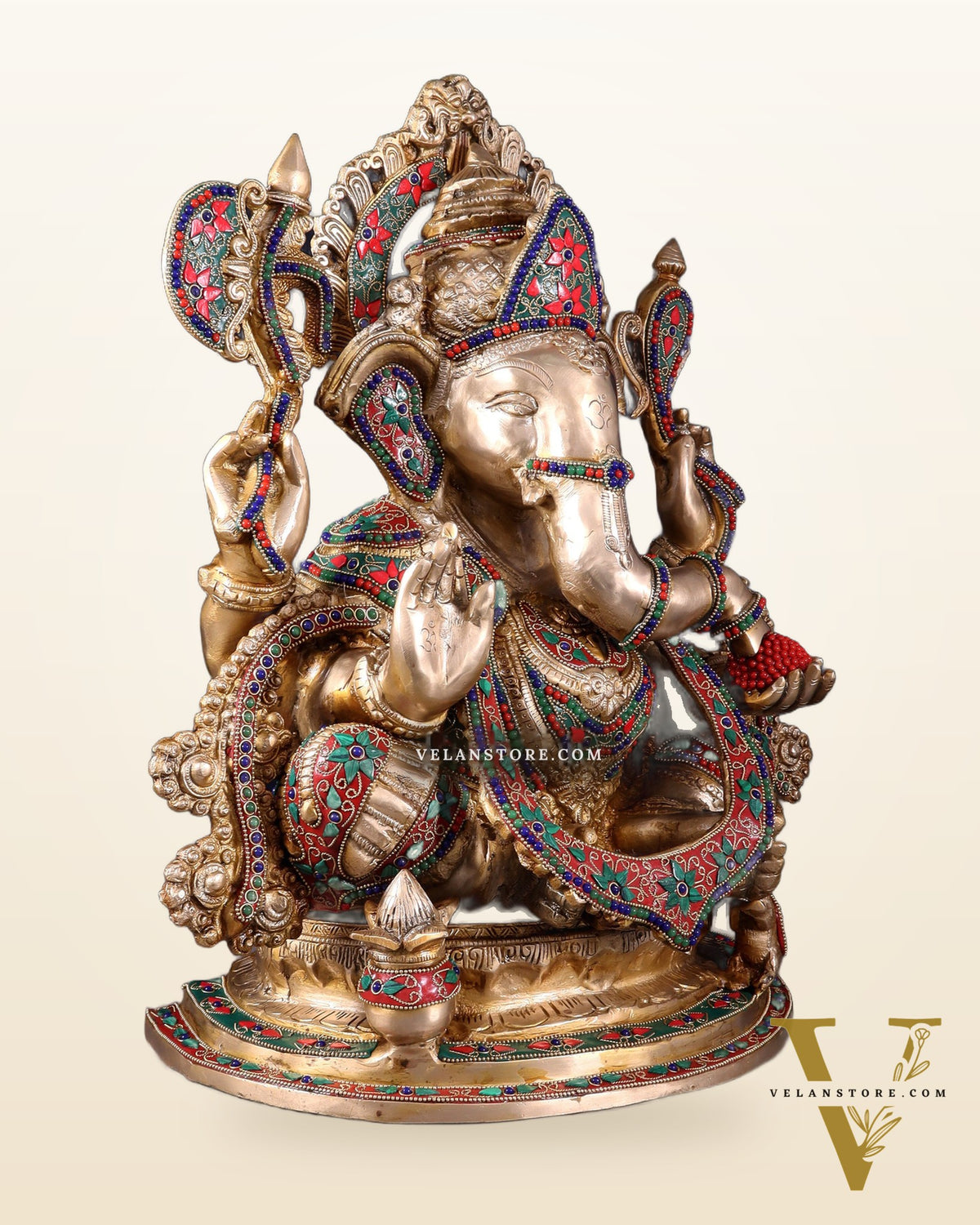 Brass Lord Ganesha Idol with Floral Stonework 19.5"