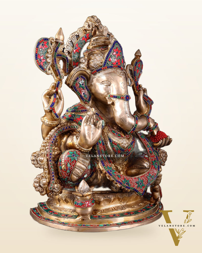 Brass Lord Ganesha Idol with Floral Stonework 19.5"