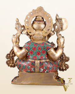 Brass Lord Ganesha Idol with Floral Stonework 19.5"
