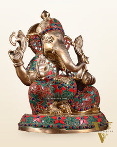 Brass Lord Ganesha Idol with Floral Stonework | Unique Handcrafted Design 9.5"