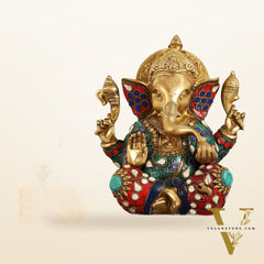 Brass lord Ganesha Idol with Sharp Features - 8 Inch