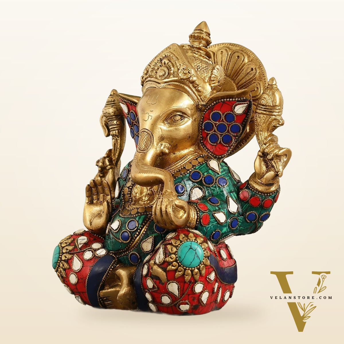 Brass lord Ganesha Idol with Sharp Features - 8 Inch