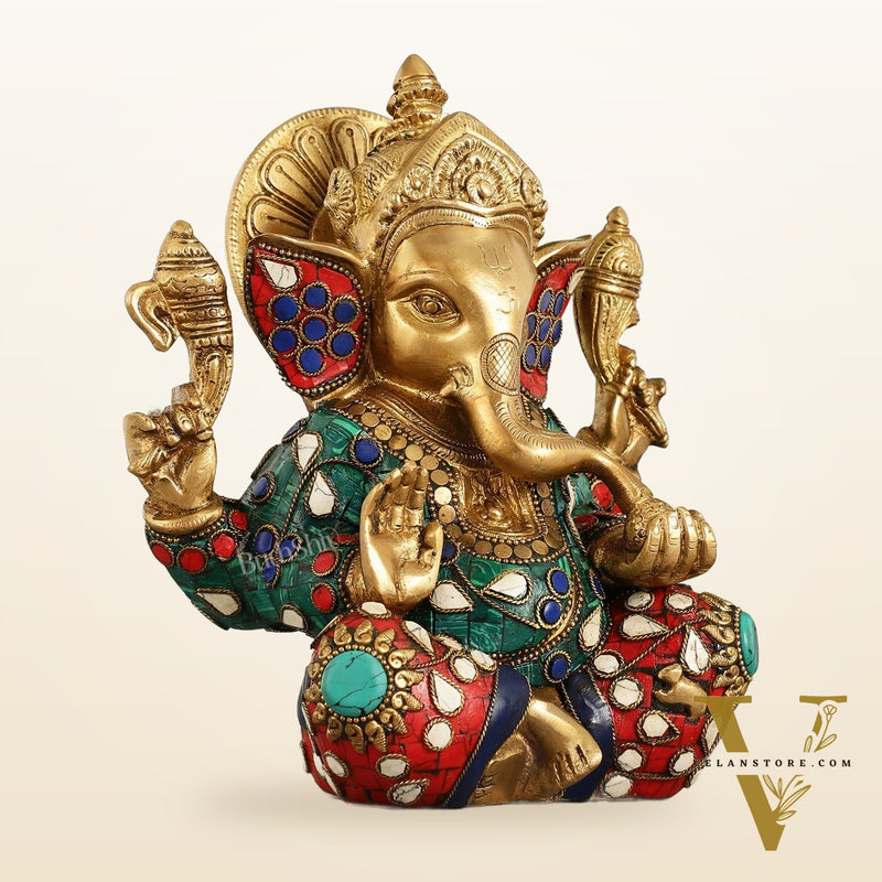 Brass lord Ganesha Idol with Sharp Features - 8 Inch