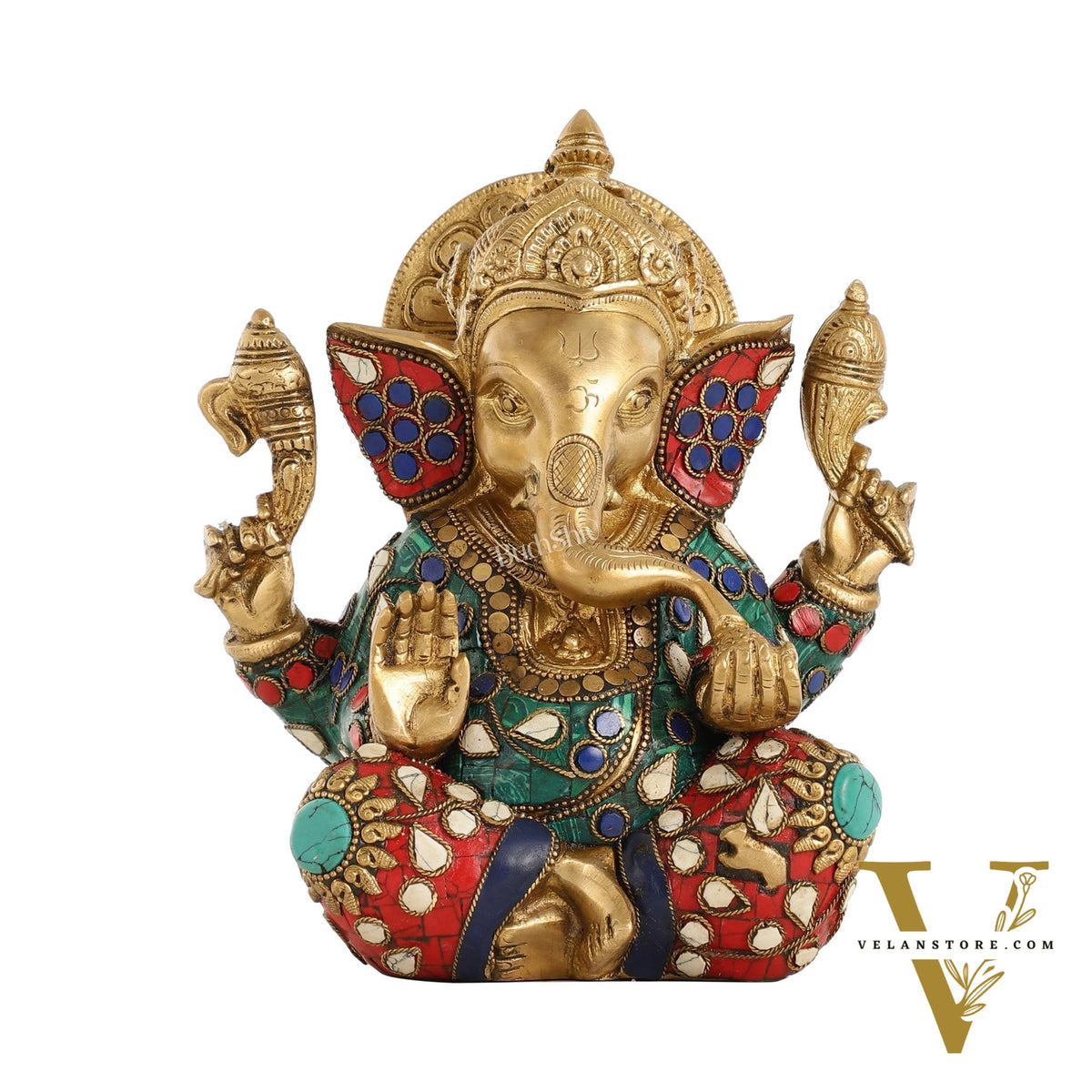 Brass lord Ganesha Idol with Sharp Features - 8 Inch