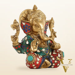 Brass lord Ganesha Idol with Sharp Features - 8 Inch