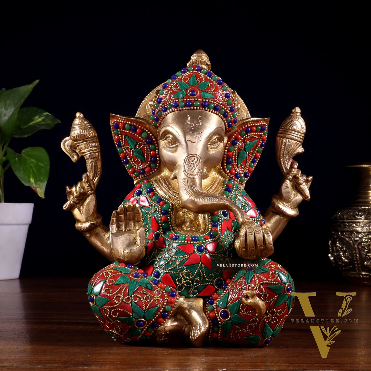 Brass lord Ganesha Idol with Sharp Features - 8 Inch