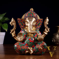 Brass lord Ganesha Idol with Sharp Features - 8 Inch