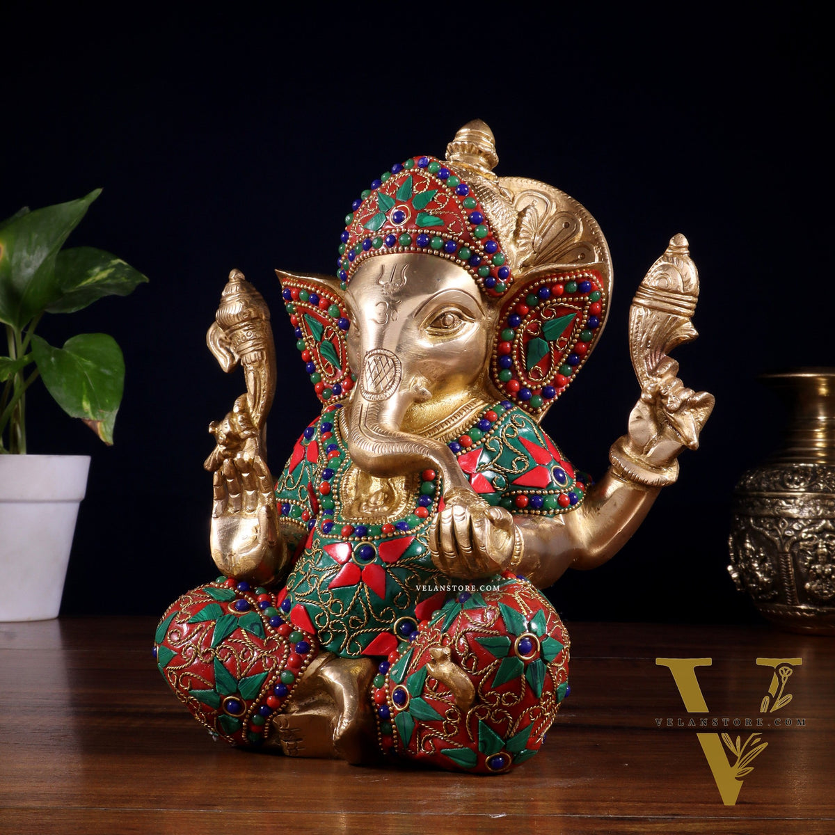 Brass lord Ganesha Idol with Sharp Features - 8 Inch