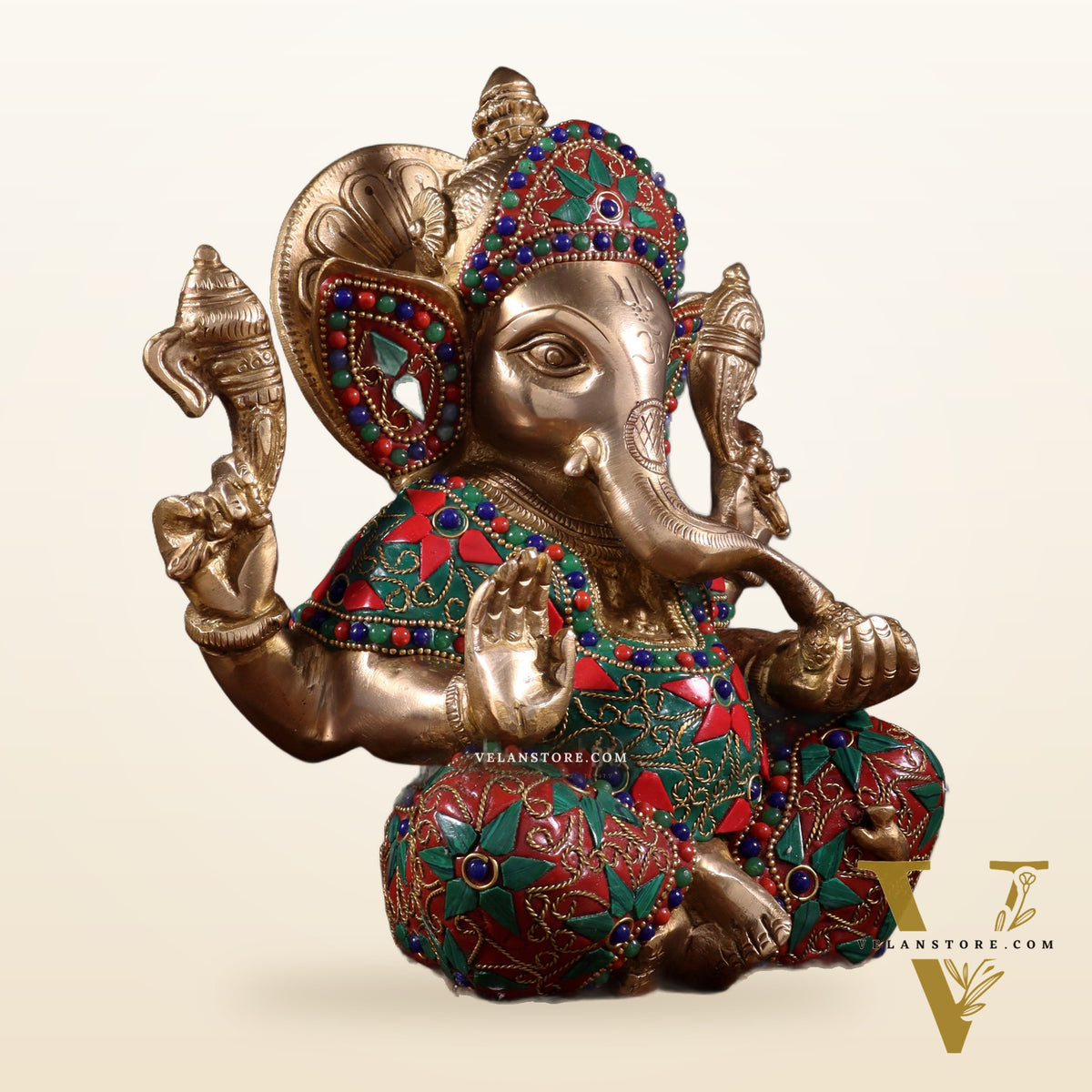 Brass lord Ganesha Idol with Sharp Features - 8 Inch