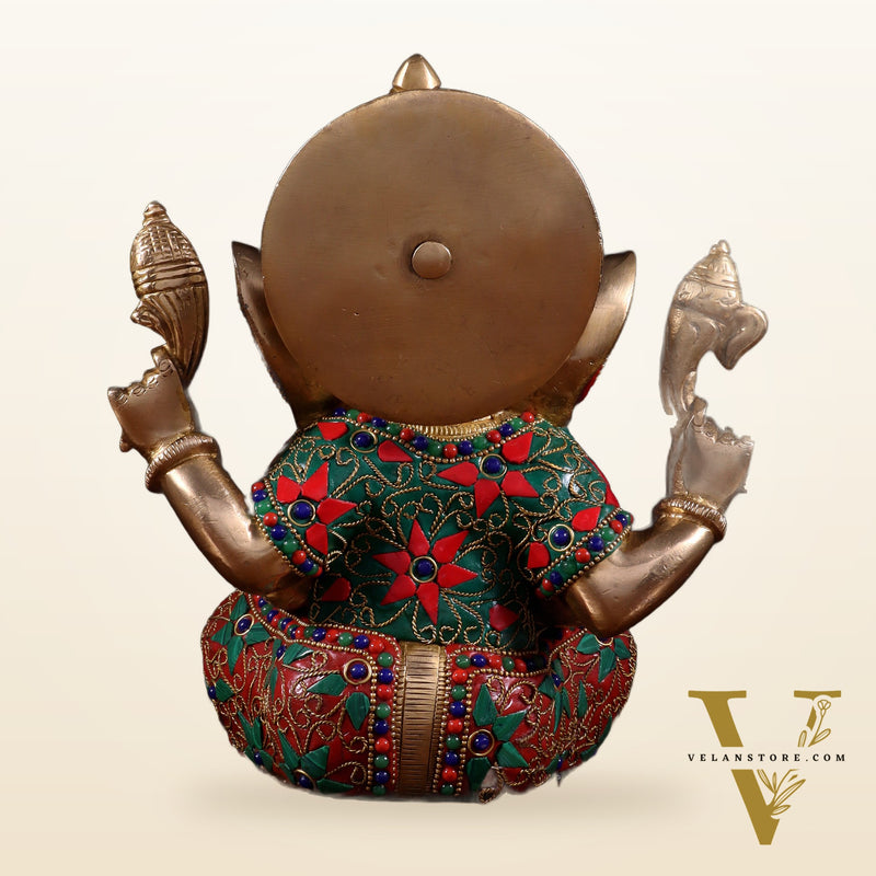 Brass lord Ganesha Idol with Sharp Features - 8 Inch