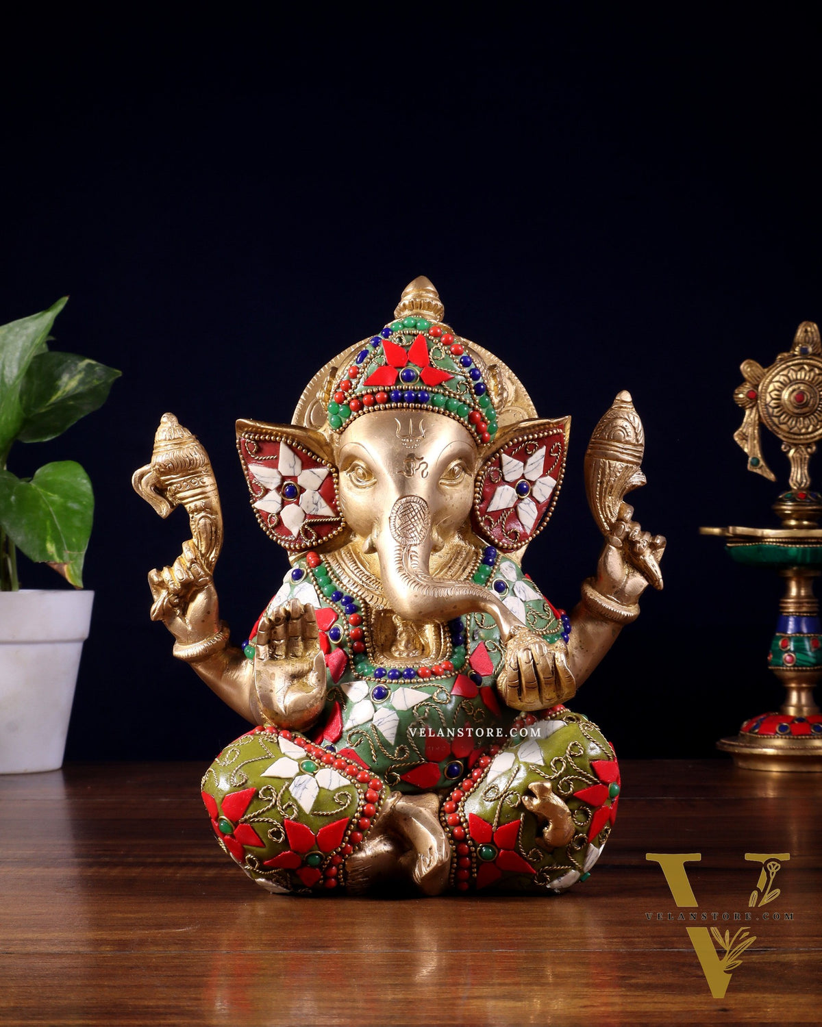 Brass lord Ganesha Idol with Sharp Features - 8 Inch