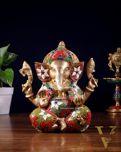 Brass lord Ganesha Idol with Sharp Features - 8 Inch