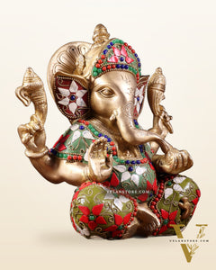 Brass lord Ganesha Idol with Sharp Features - 8 Inch