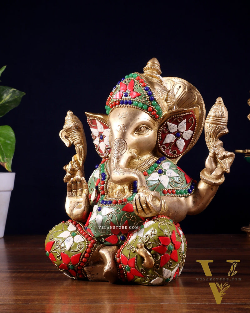 Brass lord Ganesha Idol with Sharp Features - 8 Inch