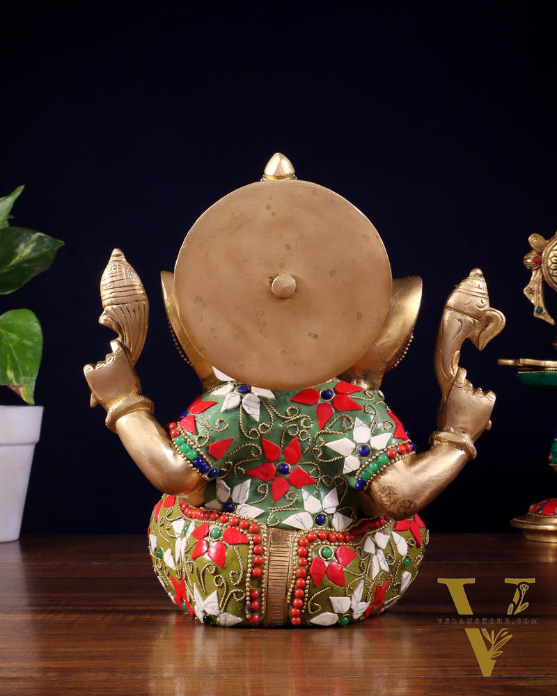 Brass lord Ganesha Idol with Sharp Features - 8 Inch