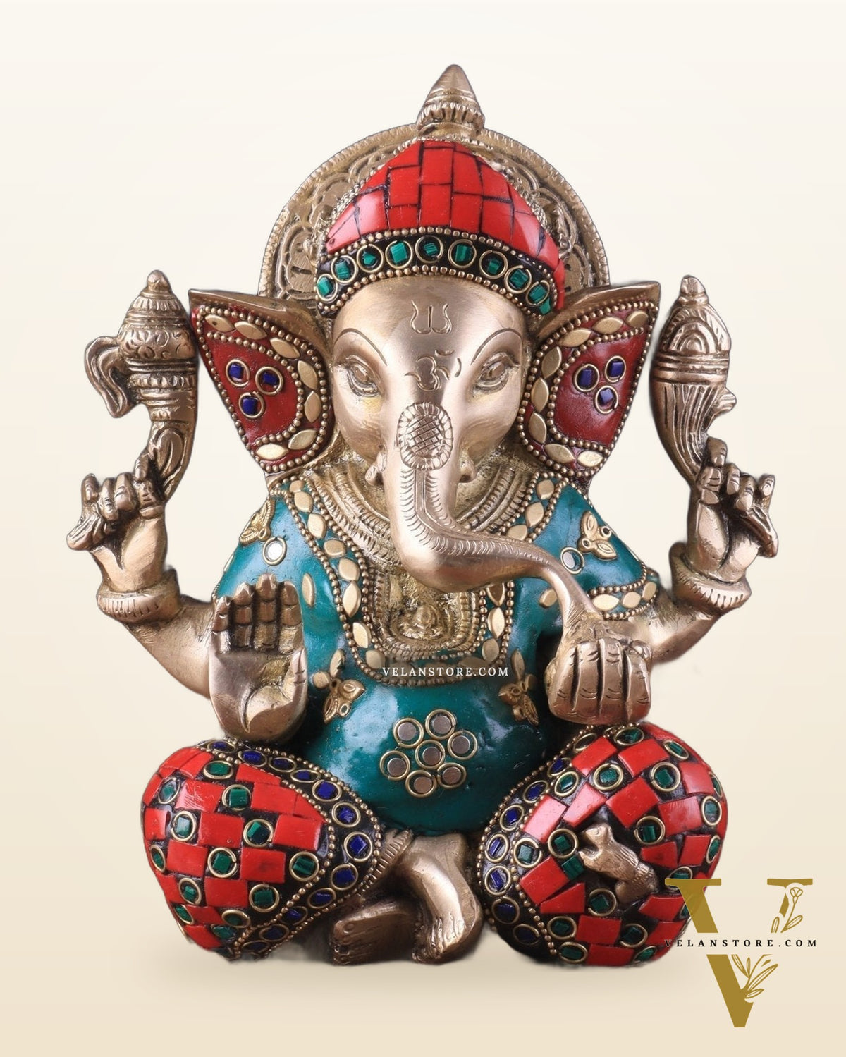 Brass lord Ganesha Idol with Sharp Features - 8 Inch with stonework
