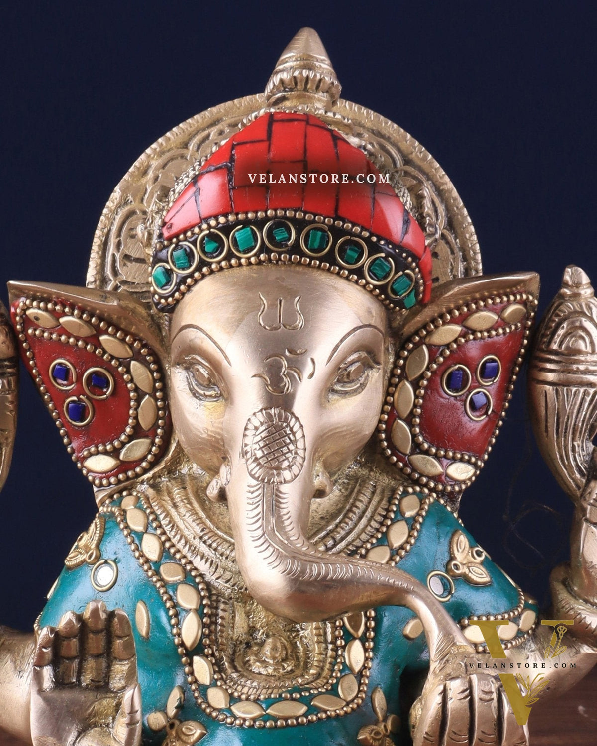 Brass lord Ganesha Idol with Sharp Features - 8 Inch with stonework